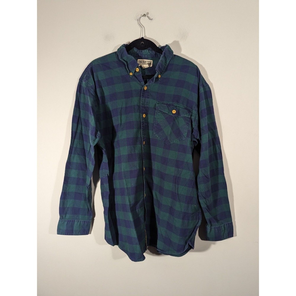 Duluth Trading Co. Green Navy Plaid Long Sleeve 100% Cotton Men‎ Shirt Size L